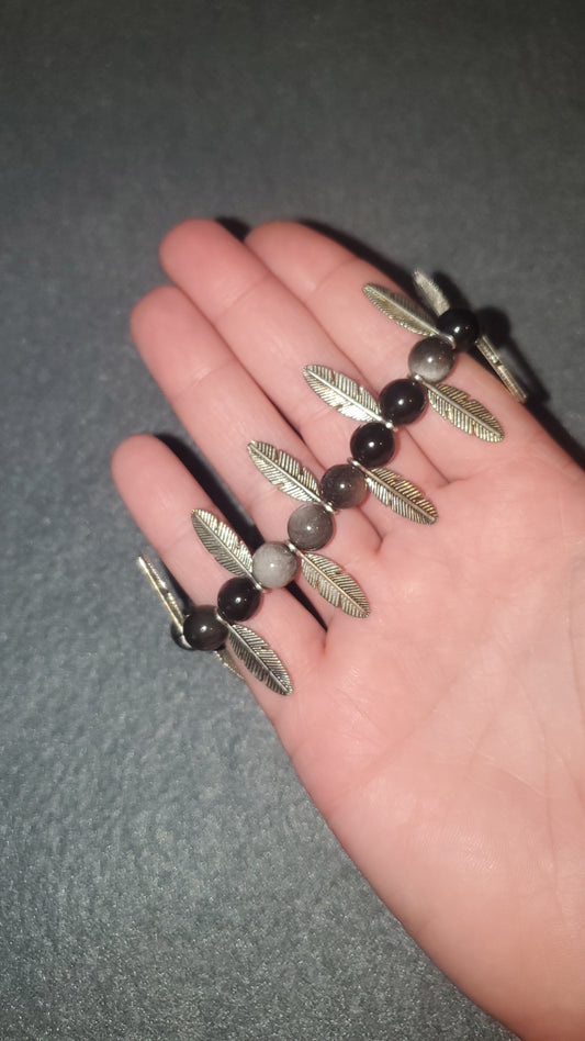 Silver Sheen Obsidian Feather Bracelet